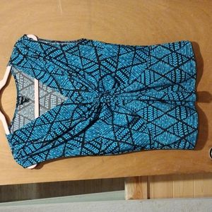 Rafaela Blouse Top Turquoise Blue Black Shell Poly Blend Sleeveless Ruched Sz PL